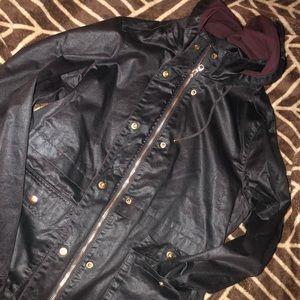 Women’s Hooded Faux Leather Button/Zip Up Jacket